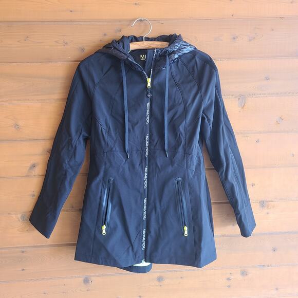 Michael Kors Black Neon Yellow Rain Jacket Quilted Puffer Hood Zip Reflective S - Picture 1 of 4